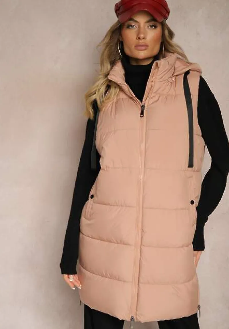 Różowa Długa Kamizelka z Ozdobnym Pikowaniem i Odpinanym Kapturem Neriora