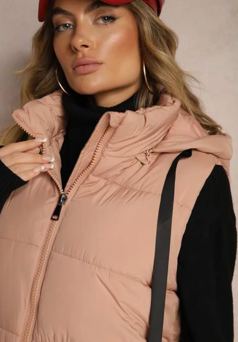 Różowa Długa Kamizelka z Ozdobnym Pikowaniem i Odpinanym Kapturem Neriora