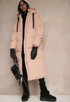 Różowa Długa Kurtka Pikowana Płaszcz z Kapturem Serea