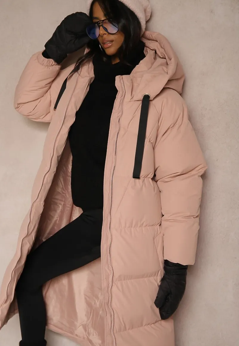 Różowa Długa Kurtka Pikowana Płaszcz z Kapturem Serea