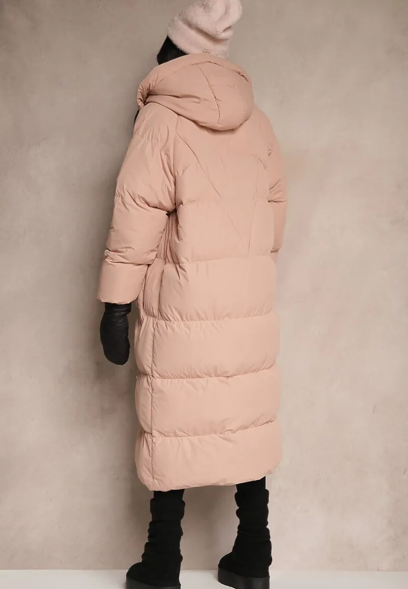 Różowa Długa Kurtka Pikowana Płaszcz z Kapturem Serea