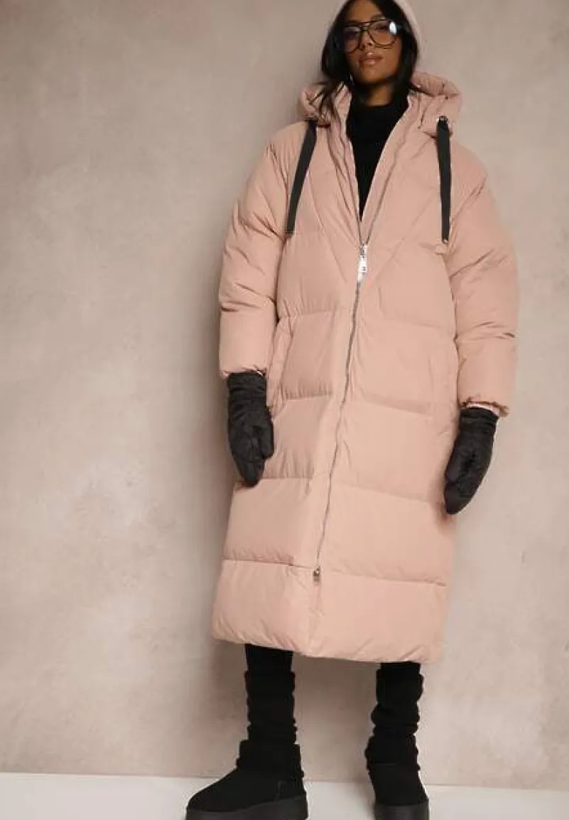 Różowa Długa Kurtka Pikowana Płaszcz z Kapturem Serea