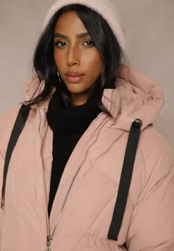 Różowa Długa Kurtka Pikowana Płaszcz z Kapturem Serea