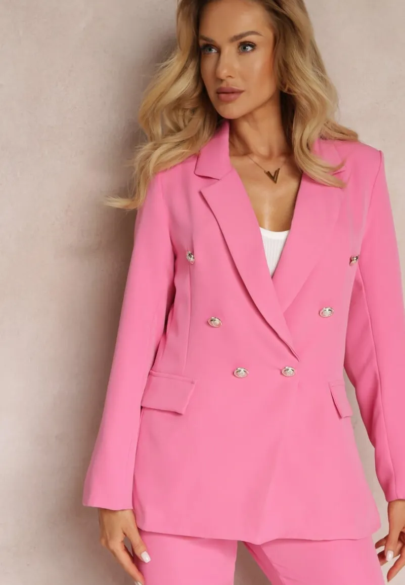 Różowa Dwurzędowa Marynarka z Ozdobnymi Guzikami Rainelda