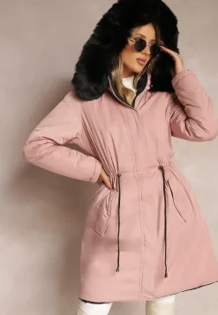 Różowa Dwustronna Kurtka ze Ściągaczem i Kapturem z Futerkiem Divya