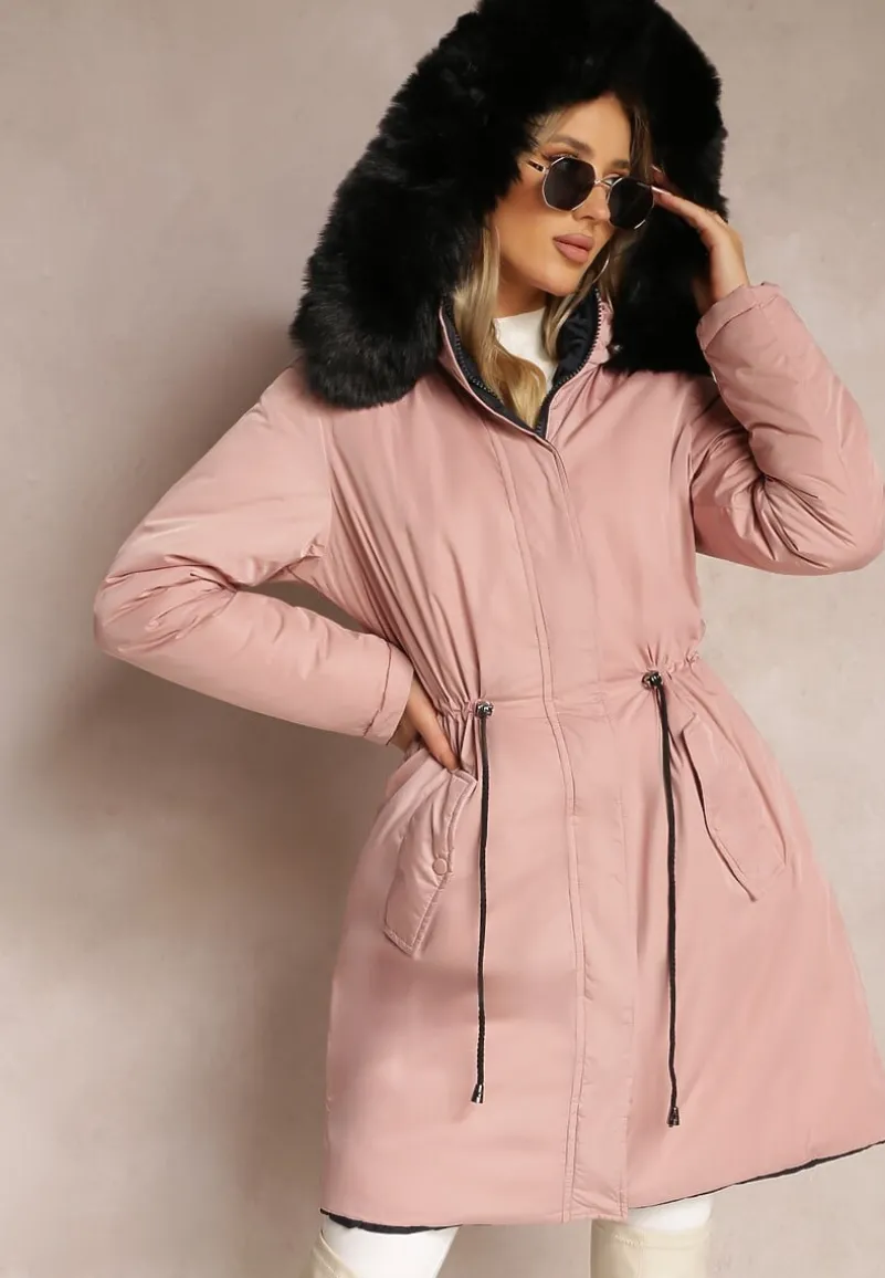 Różowa Dwustronna Kurtka ze Ściągaczem i Kapturem z Futerkiem Divya
