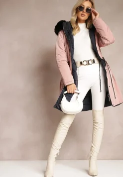 Różowa Dwustronna Kurtka ze Ściągaczem i Kapturem z Futerkiem Divya