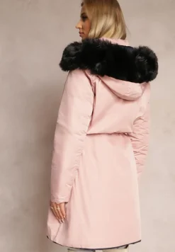 Różowa Dwustronna Kurtka ze Ściągaczem i Kapturem z Futerkiem Divya