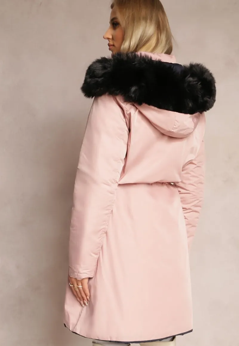Różowa Dwustronna Kurtka ze Ściągaczem i Kapturem z Futerkiem Divya