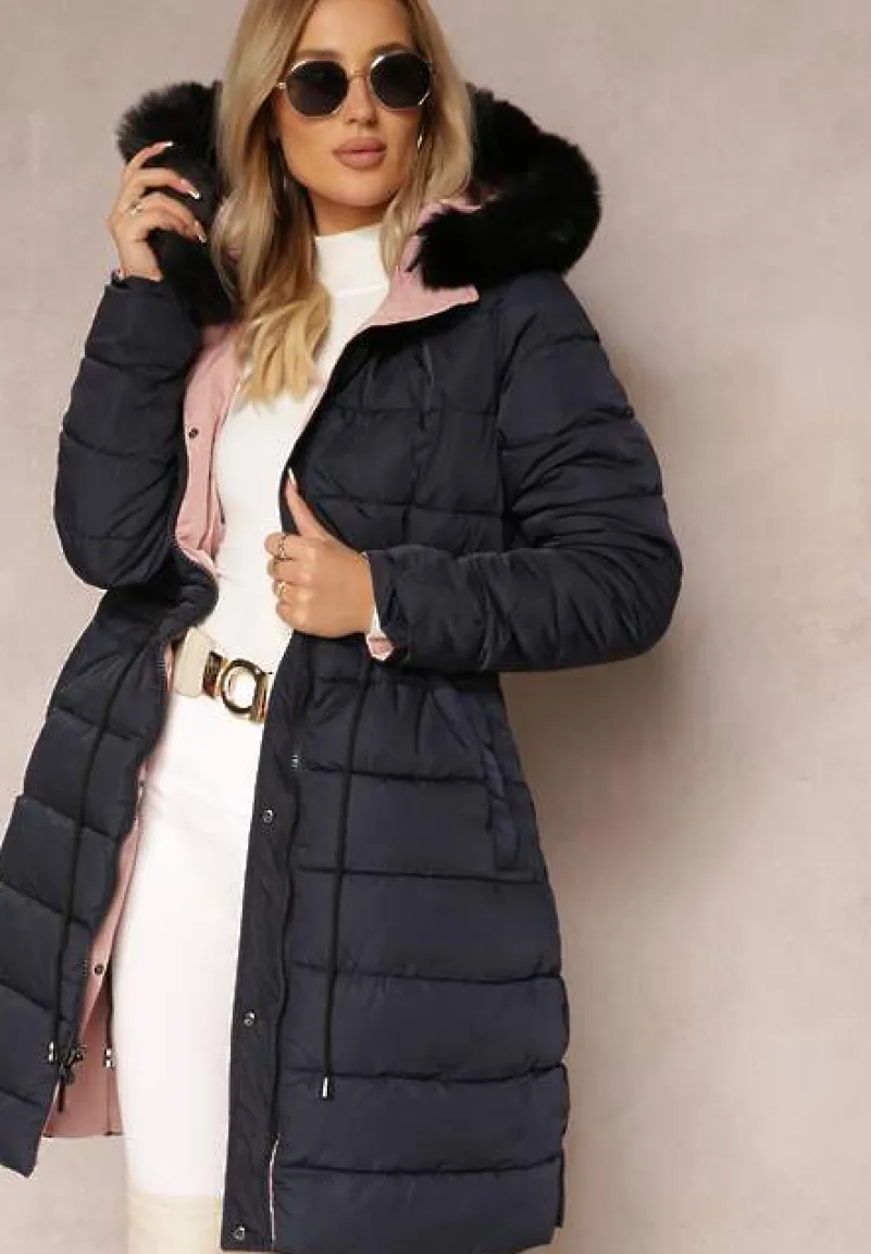 Różowa Dwustronna Kurtka ze Ściągaczem i Kapturem z Futerkiem Divya