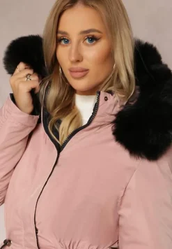 Różowa Dwustronna Kurtka ze Ściągaczem i Kapturem z Futerkiem Divya