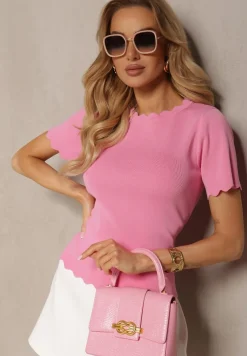 Różowa Dzianinowa Bluzka z Nieregularnymi Krawędziami Datria