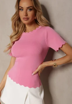 Różowa Dzianinowa Bluzka z Nieregularnymi Krawędziami Datria