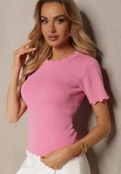 Różowa Dzianinowa Bluzka z Nieregularnymi Krawędziami Datria