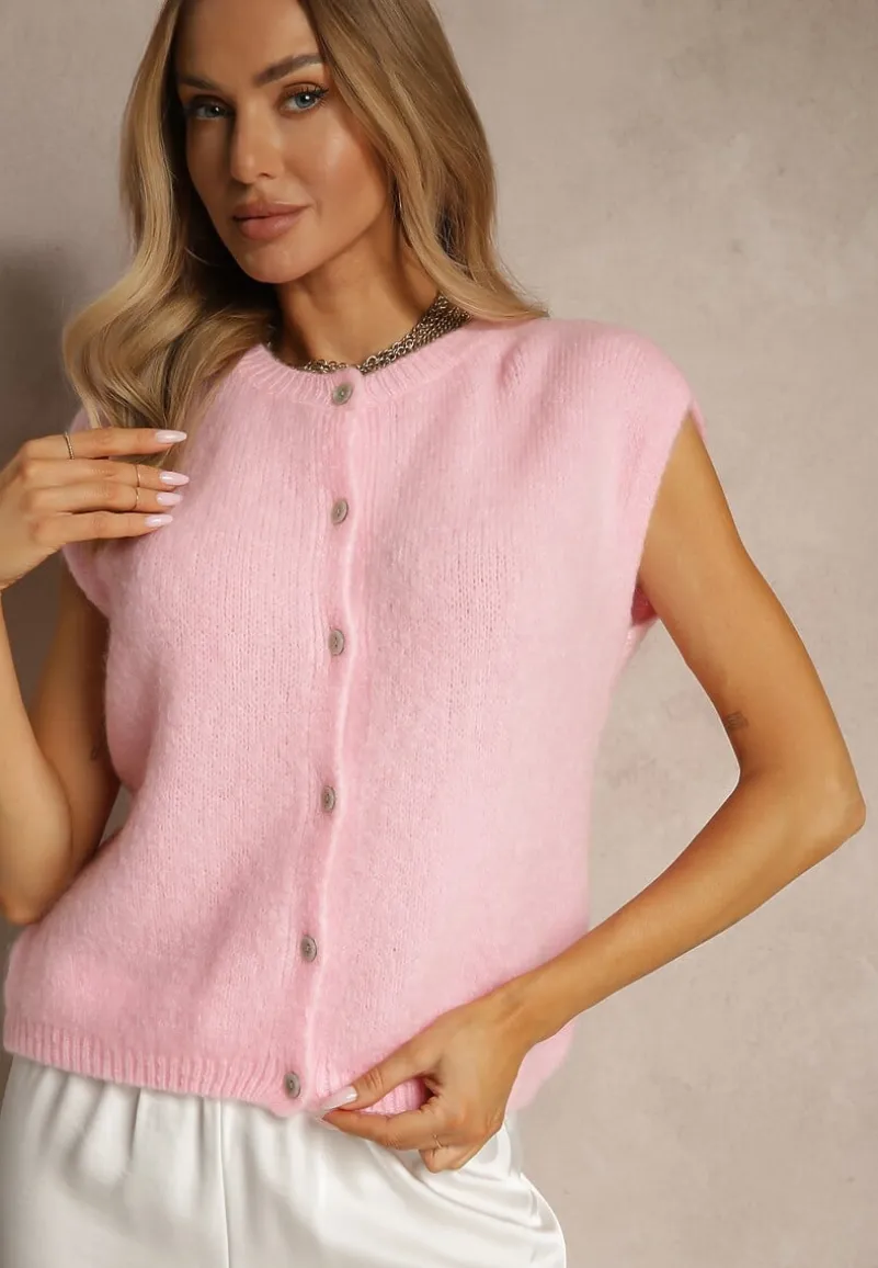 Różowa Dzianinowa Kamizelka z Moherem z Zapięciem na Guziki Vorlina