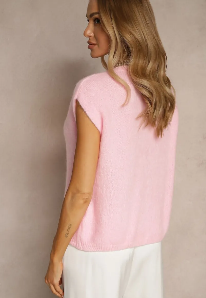 Różowa Dzianinowa Kamizelka z Moherem z Zapięciem na Guziki Vorlina
