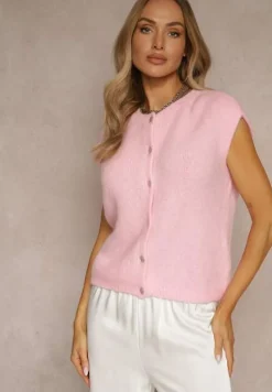 Różowa Dzianinowa Kamizelka z Moherem z Zapięciem na Guziki Vorlina