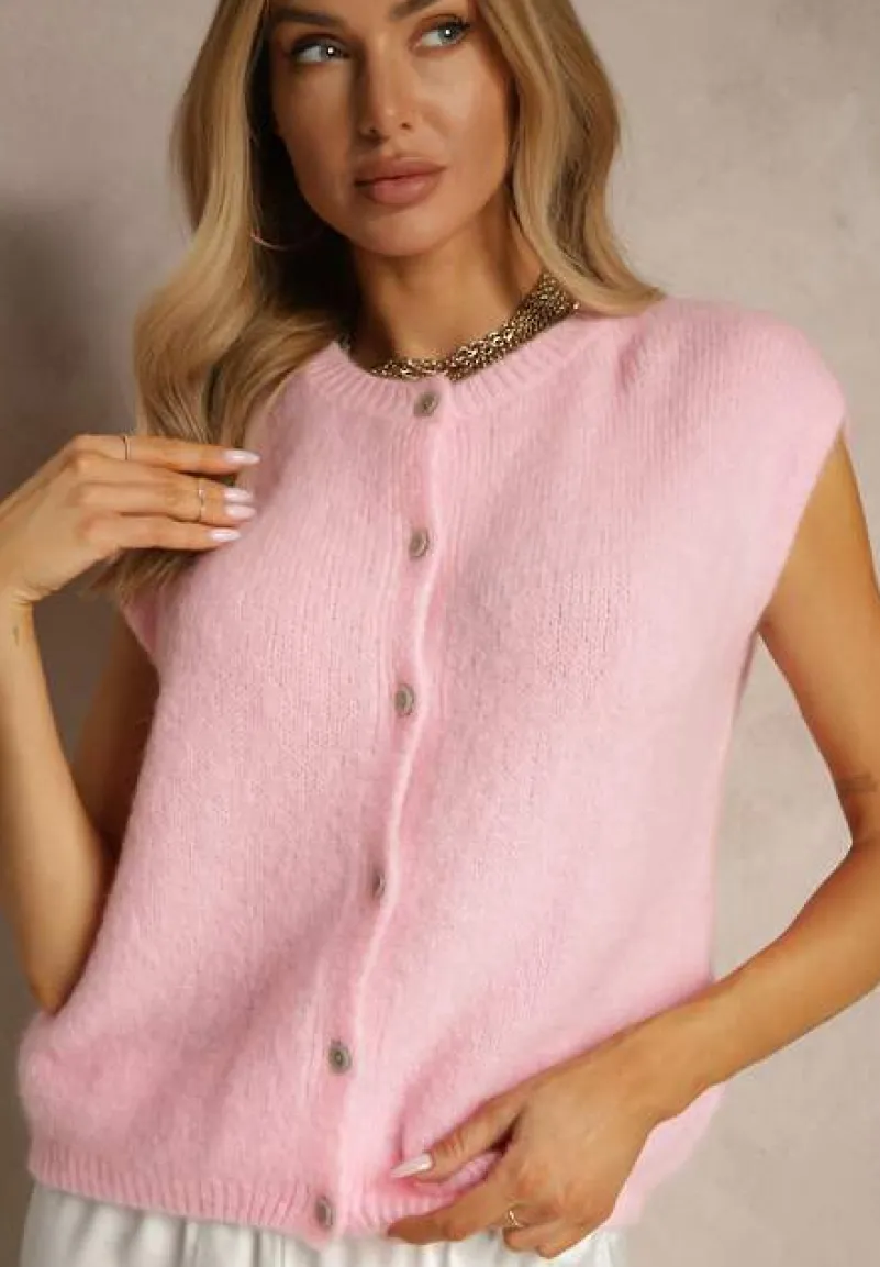 Różowa Dzianinowa Kamizelka z Moherem z Zapięciem na Guziki Vorlina