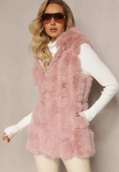 Różowa Futrzana Kamizelka z Kapturem Konessa