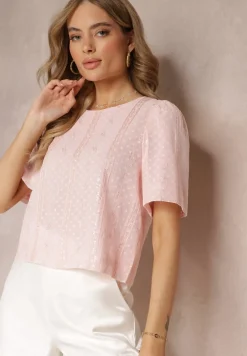 Różowa Haftowana Bluzka z Krótkim Rękawem i Cekinami Viollitta