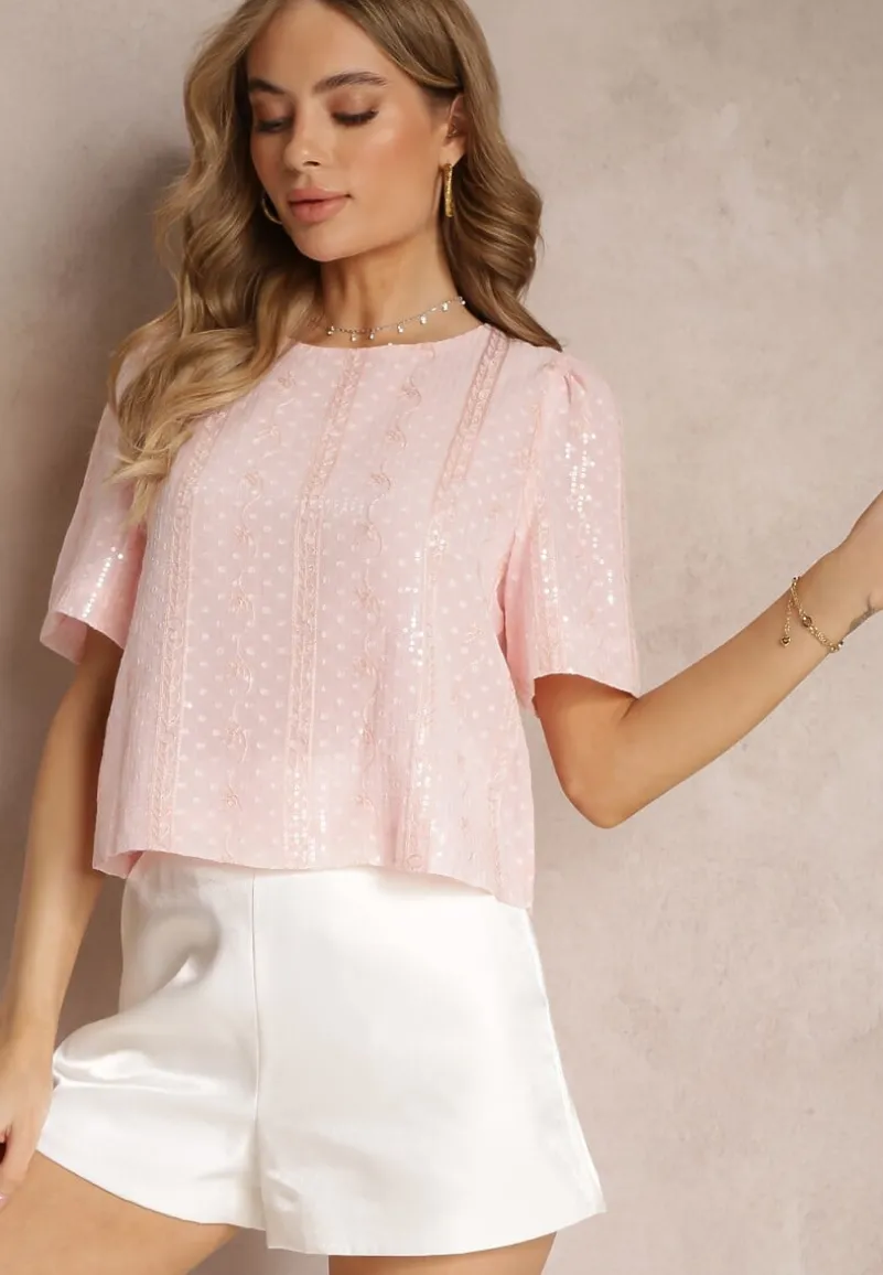 Różowa Haftowana Bluzka z Krótkim Rękawem i Cekinami Viollitta