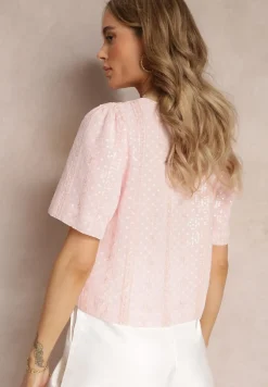 Różowa Haftowana Bluzka z Krótkim Rękawem i Cekinami Viollitta