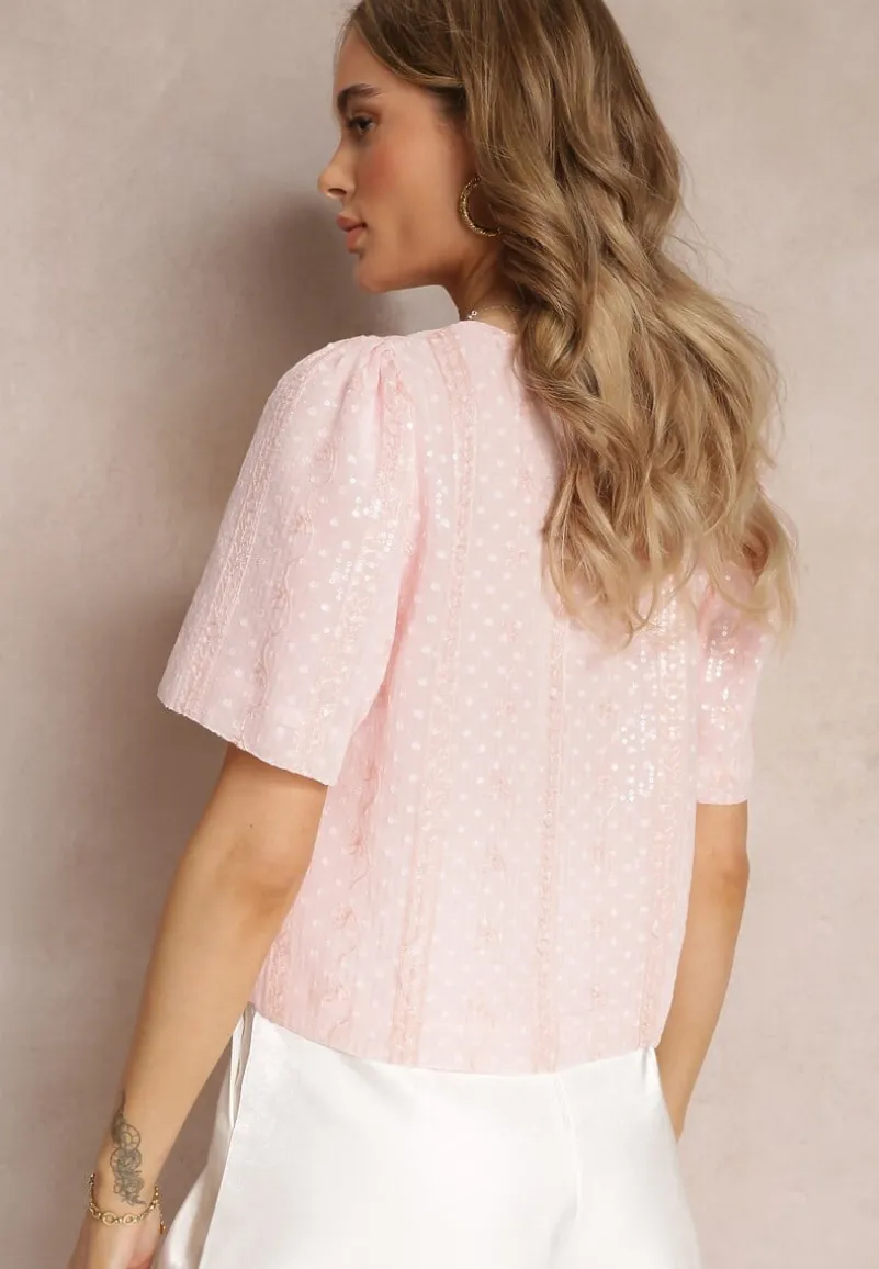Różowa Haftowana Bluzka z Krótkim Rękawem i Cekinami Viollitta
