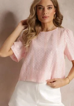 Różowa Haftowana Bluzka z Krótkim Rękawem i Cekinami Viollitta