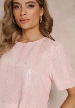Różowa Haftowana Bluzka z Krótkim Rękawem i Cekinami Viollitta