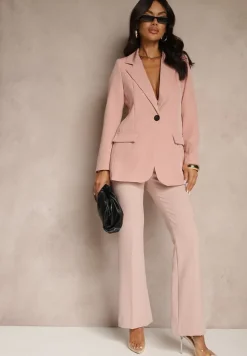 Różowa Jednorzędowa Marynarka o Klasycznym Kroju Zdobiona Imitacją Kieszeni Zenzeri