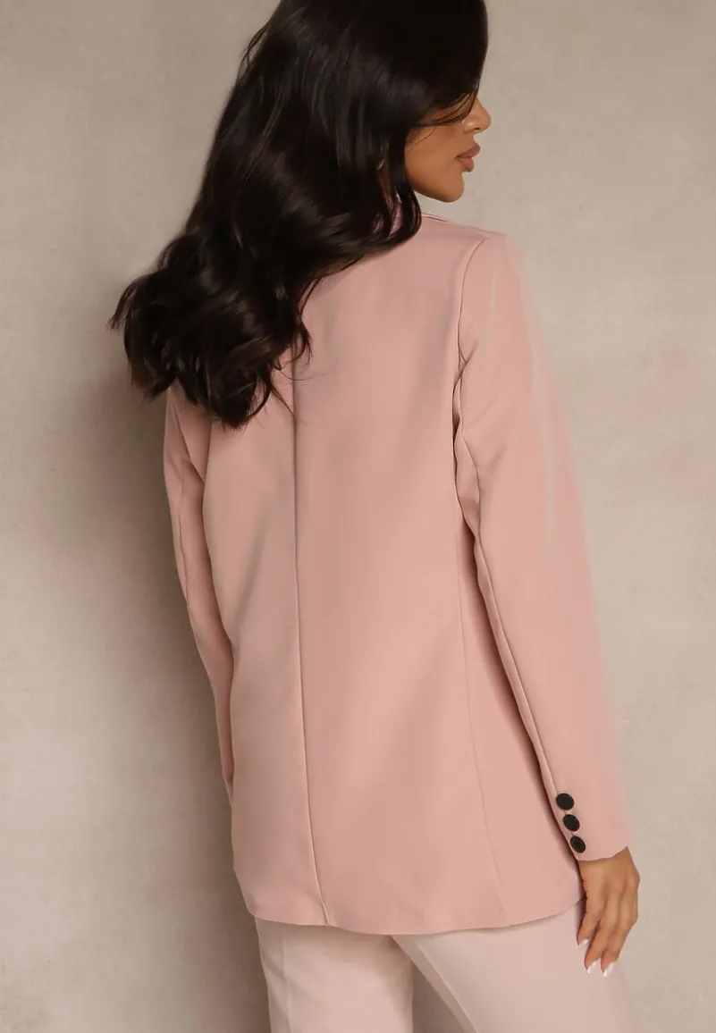 Różowa Jednorzędowa Marynarka o Klasycznym Kroju Zdobiona Imitacją Kieszeni Zenzeri