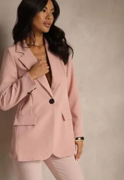 Różowa Jednorzędowa Marynarka o Klasycznym Kroju Zdobiona Imitacją Kieszeni Zenzeri