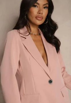 Różowa Jednorzędowa Marynarka o Klasycznym Kroju Zdobiona Imitacją Kieszeni Zenzeri