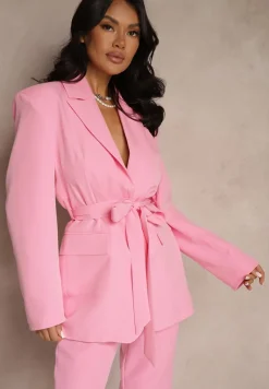 Różowa Jednorzędowa Marynarka o Taliowanym Fasonie z Wiązanym Paskiem Daviritte