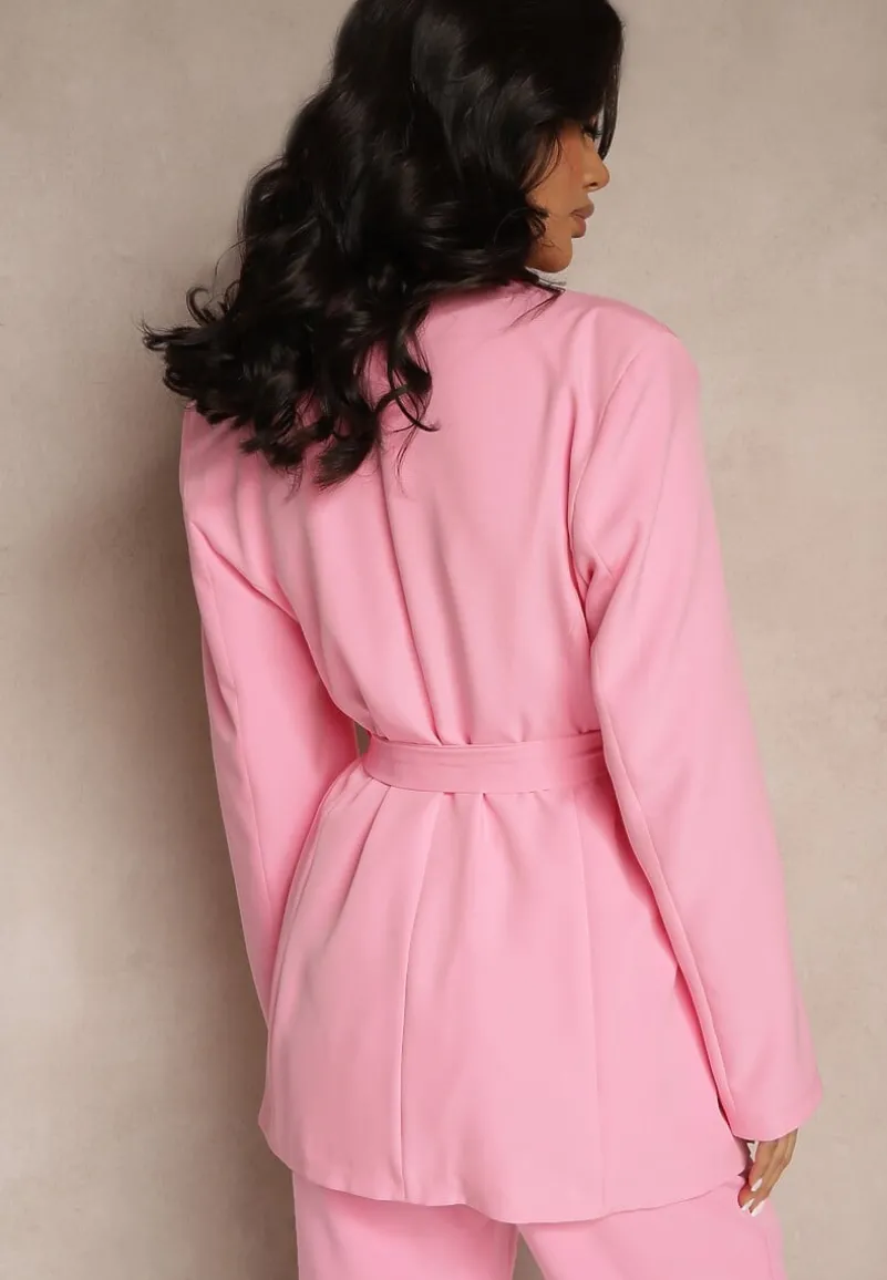 Różowa Jednorzędowa Marynarka o Taliowanym Fasonie z Wiązanym Paskiem Daviritte