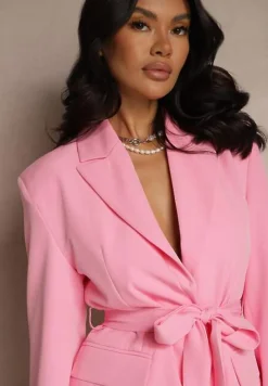 Różowa Jednorzędowa Marynarka o Taliowanym Fasonie z Wiązanym Paskiem Daviritte