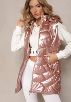 Różowa Kamizelka Bezrękawnik z Kapturem i Ozdobnym Pikowaniem Sieuna