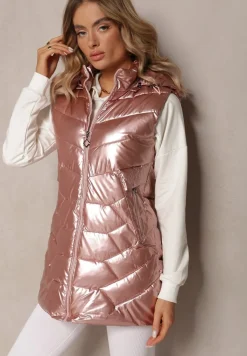 Różowa Kamizelka Bezrękawnik z Kapturem i Ozdobnym Pikowaniem Sieuna