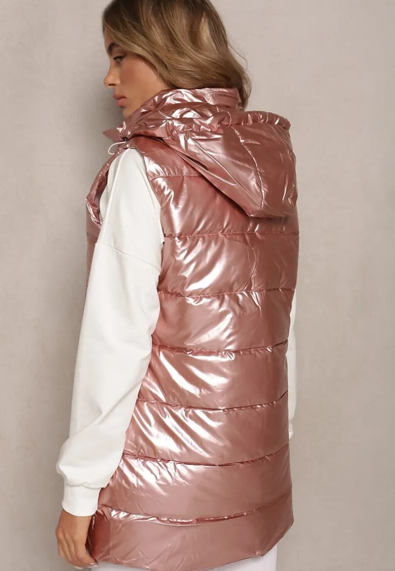 Różowa Kamizelka Bezrękawnik z Kapturem i Ozdobnym Pikowaniem Sieuna