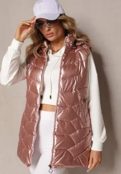 Różowa Kamizelka Bezrękawnik z Kapturem i Ozdobnym Pikowaniem Sieuna