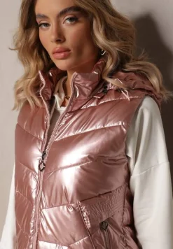 Różowa Kamizelka Bezrękawnik z Kapturem i Ozdobnym Pikowaniem Sieuna