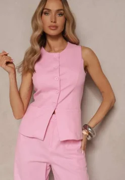 Różowa Kamizelka Garniturowa z Imitacją Kieszonek Halomira