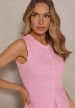 Różowa Kamizelka Garniturowa z Imitacją Kieszonek Halomira