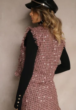 Różowa Kamizelka Garniturowa z Wełną Frędzlami i Cekinami Lesaltia