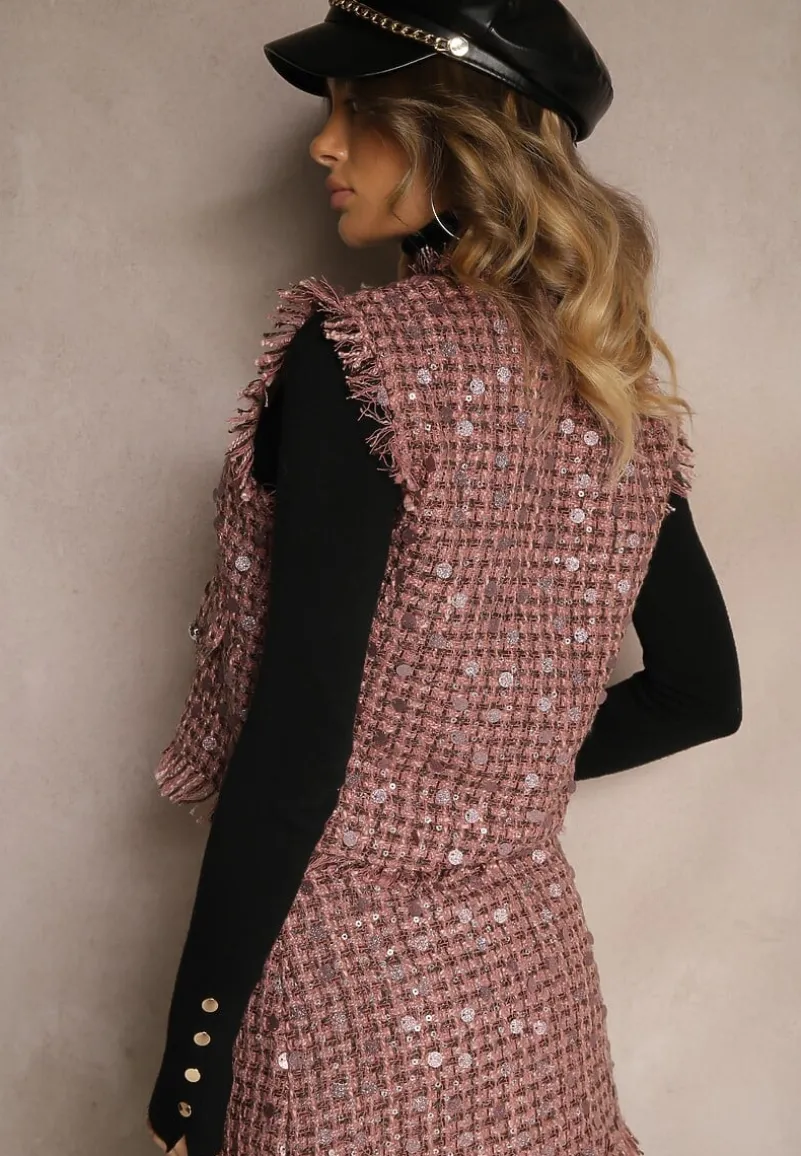 Różowa Kamizelka Garniturowa z Wełną Frędzlami i Cekinami Lesaltia