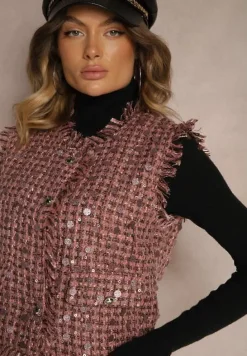 Różowa Kamizelka Garniturowa z Wełną Frędzlami i Cekinami Lesaltia