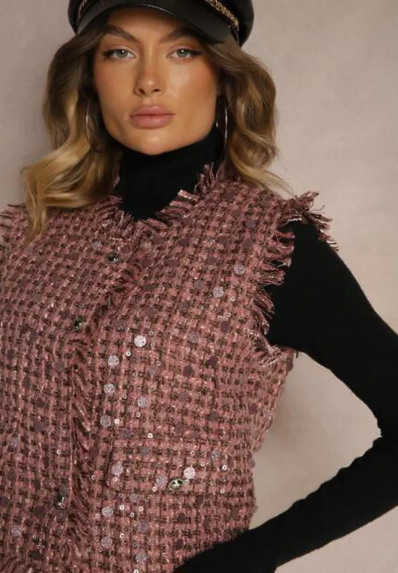 Różowa Kamizelka Garniturowa z Wełną Frędzlami i Cekinami Lesaltia