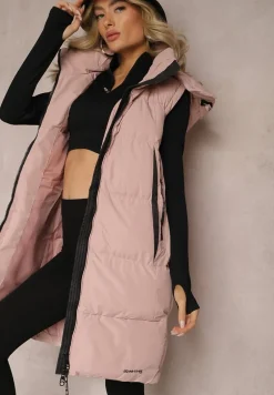 Różowa Kamizelka o Długim Fasonie z Kapturem i Kieszeniami Xildove