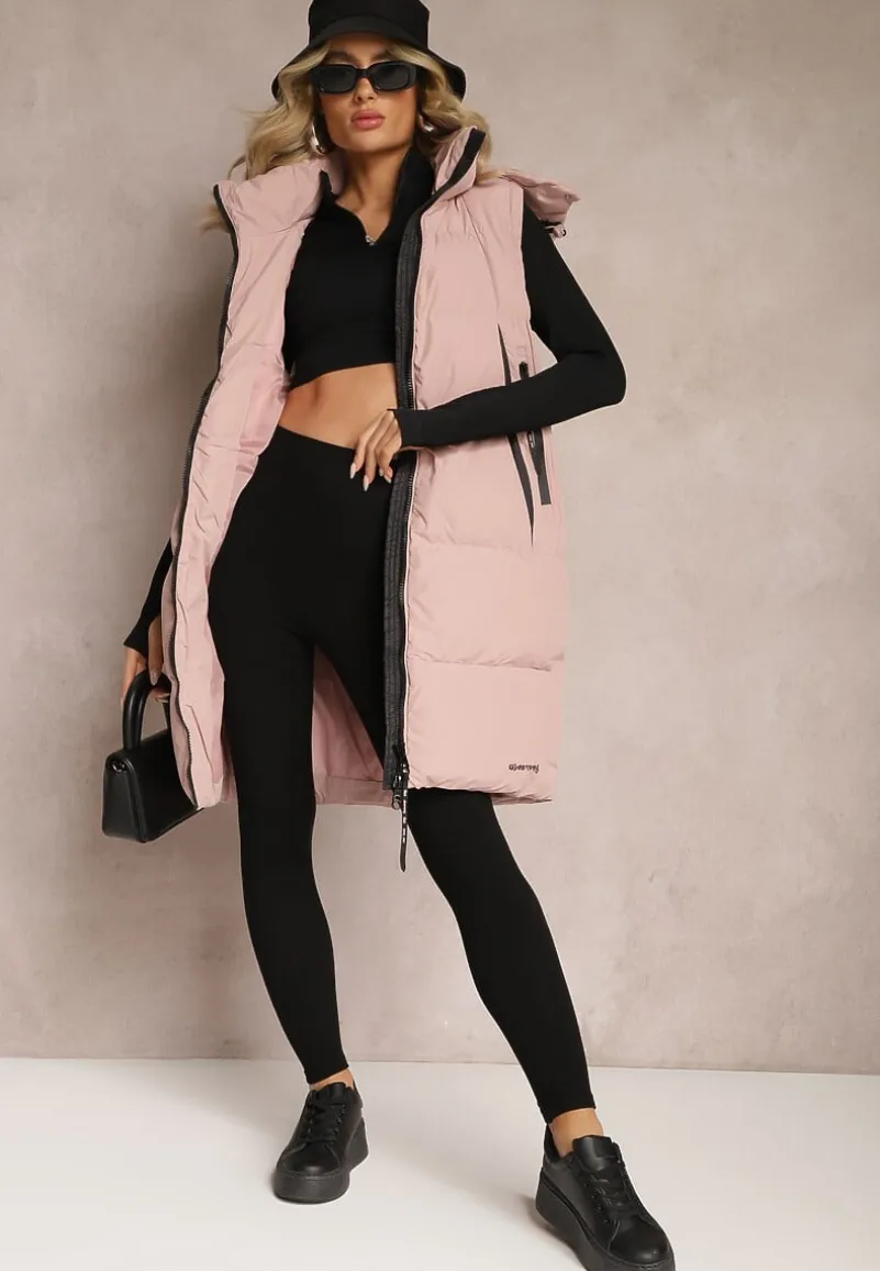 Różowa Kamizelka o Długim Fasonie z Kapturem i Kieszeniami Xildove