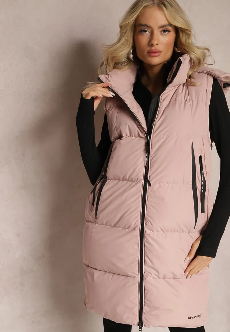 Różowa Kamizelka o Długim Fasonie z Kapturem i Kieszeniami Xildove
